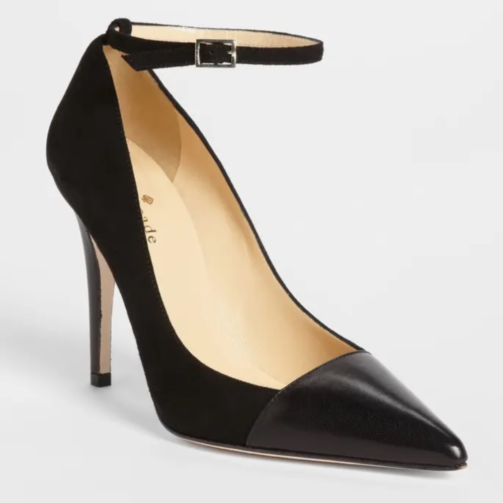 Kate Spade Liza Black Suede Leather Pointed Toe Heels Size 9.5 Ankle Strap